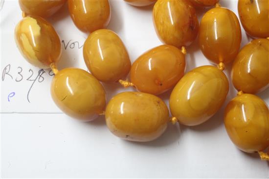 A single strand amber bead necklace, 76cm.